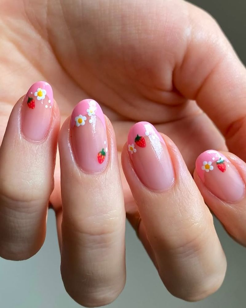nail art fraise, french rose