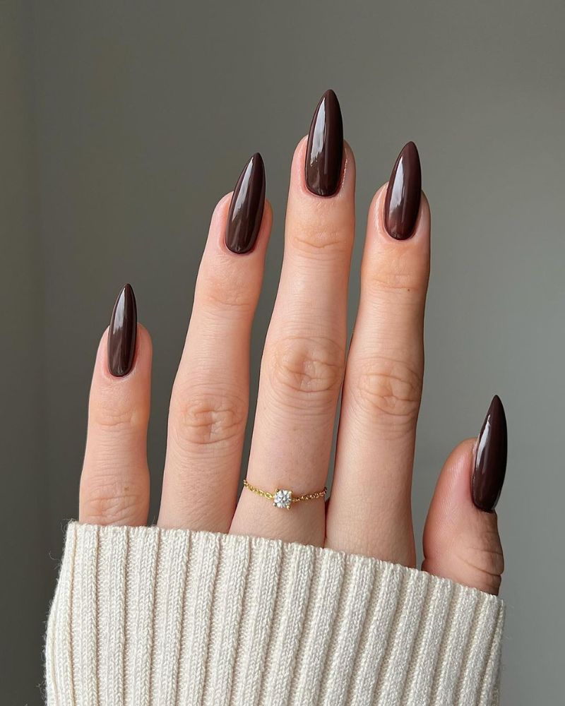 ongles chocolat stiletto, ongles marron foncé