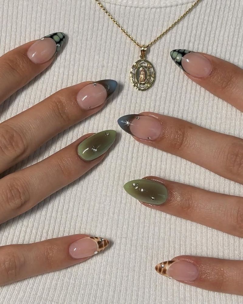 design ongles marron et vert olive sur ongles stilettos courts