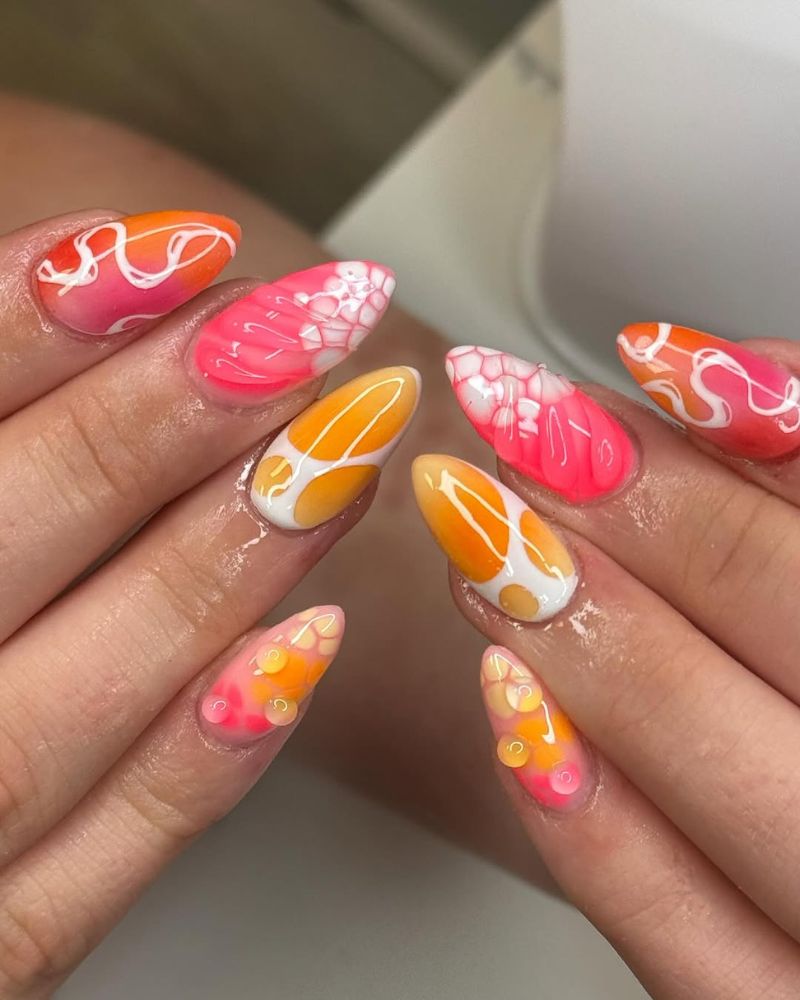 almond nails, fun summer nail art, pink anils, orange nails