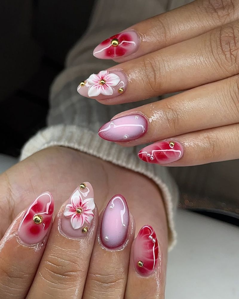 ongles roses avec nail art, nail art floral