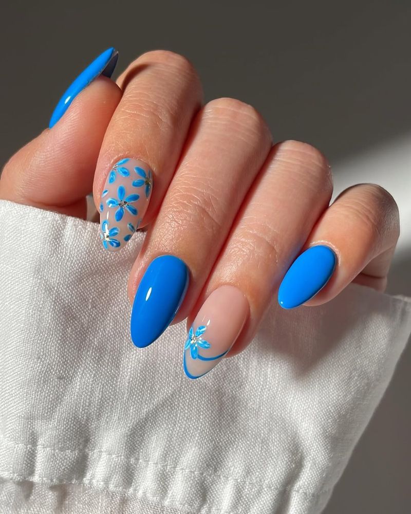 ongles bleus, idées nail art printemps