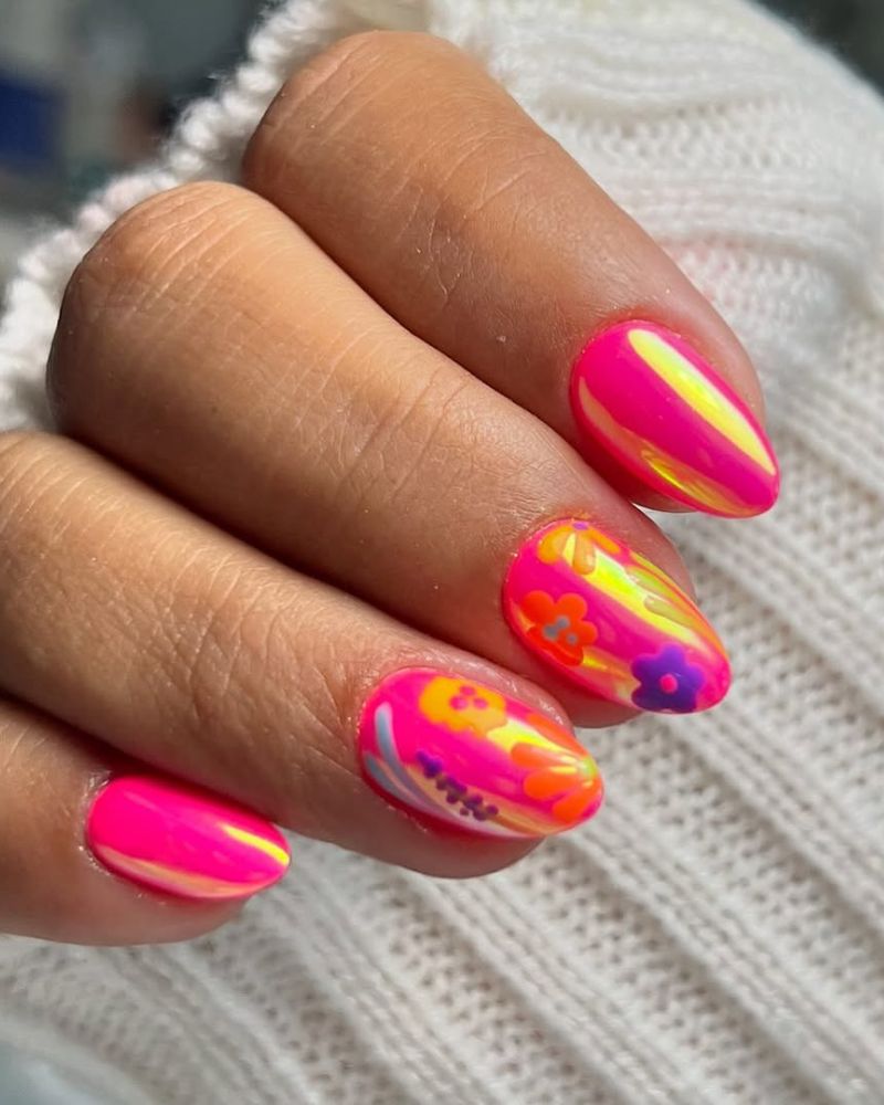 ongles d'été rose vif, ongles rose chrome