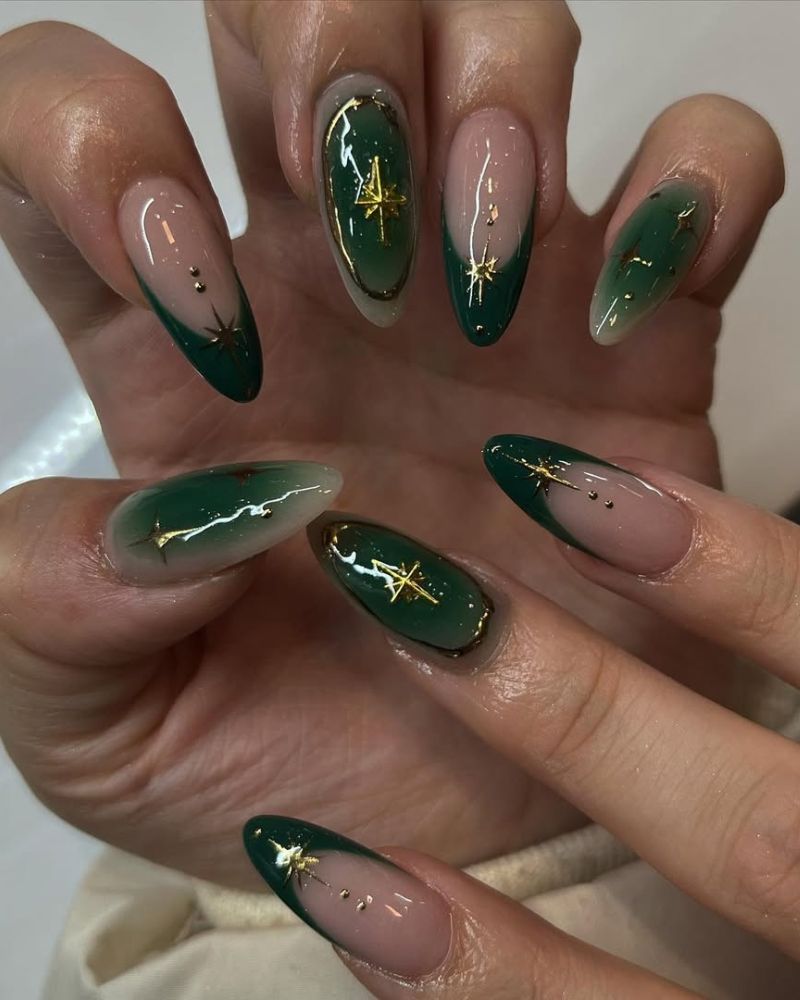ongles verts foncés, ongles verts stilettos