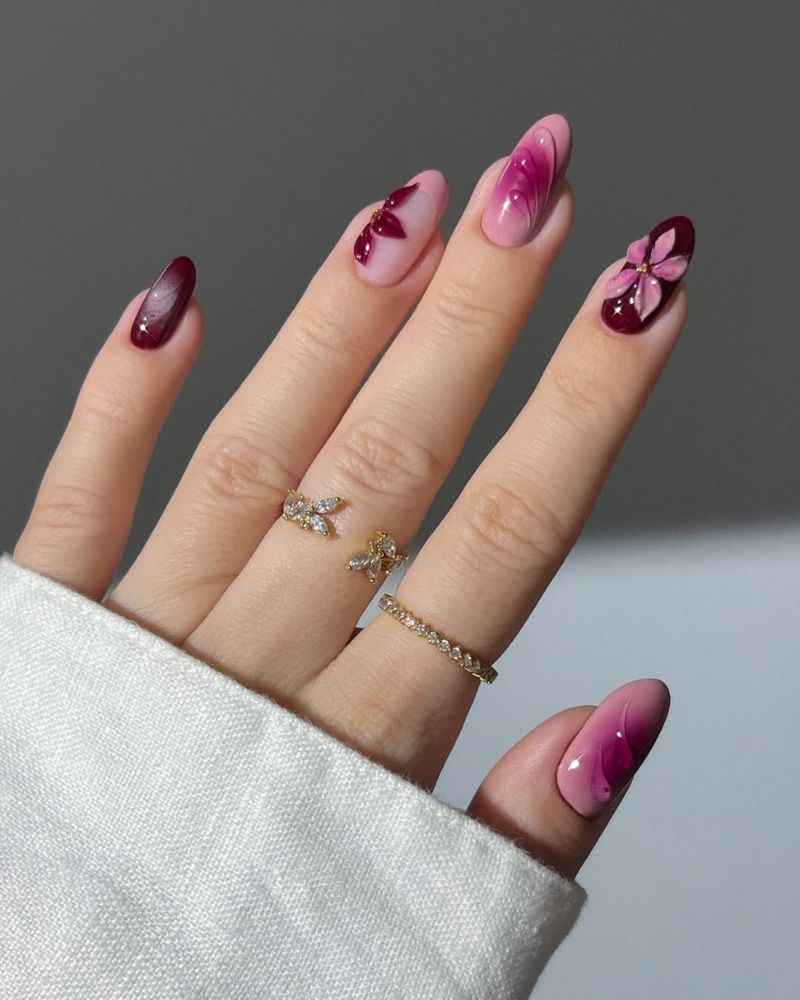 ongles marron avec aura et fleurs 3D nail art
