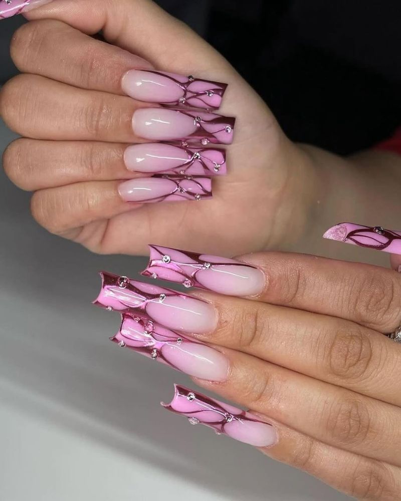 ongles longs carrés, ombré rose