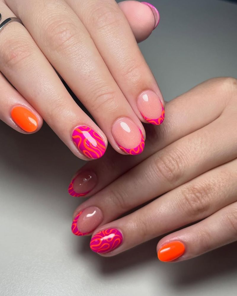 pink and orange nail designs, bright summer nails