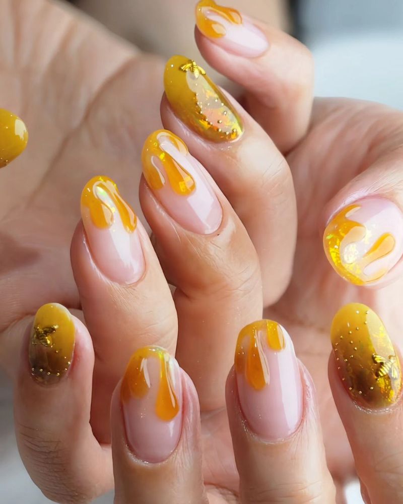 idées ongles jaunes, nail art miel