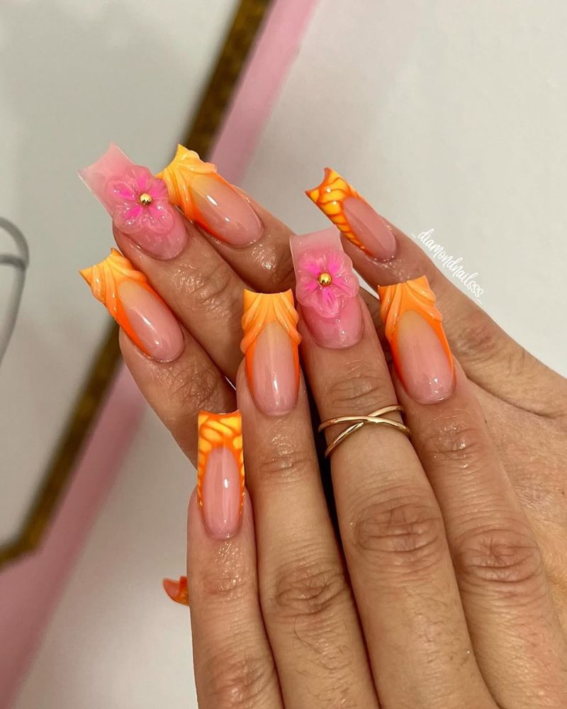 nail art orange, nail art rose, fleurs 3d