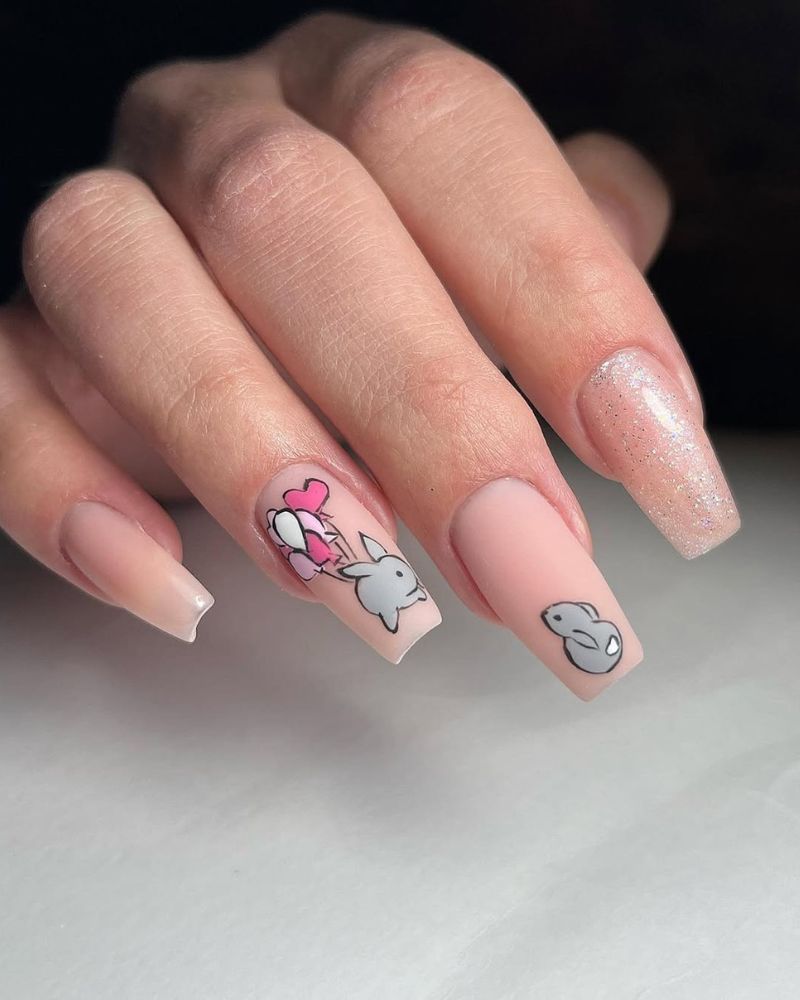 nail art lapin, ongles coffin