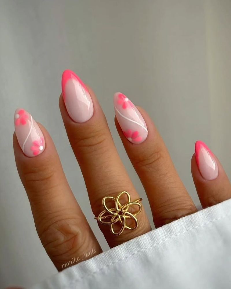 nail art fleurs roses, pointes roses