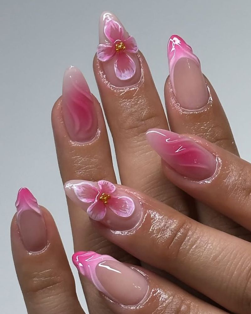 nail art floral, designs ongles rose clair