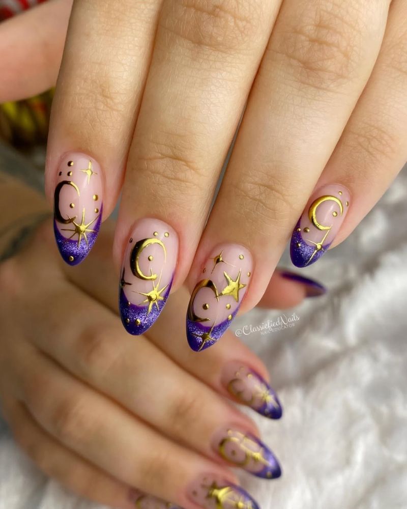 ongles french violet, nail art mystique, nail art soleil et étoiles