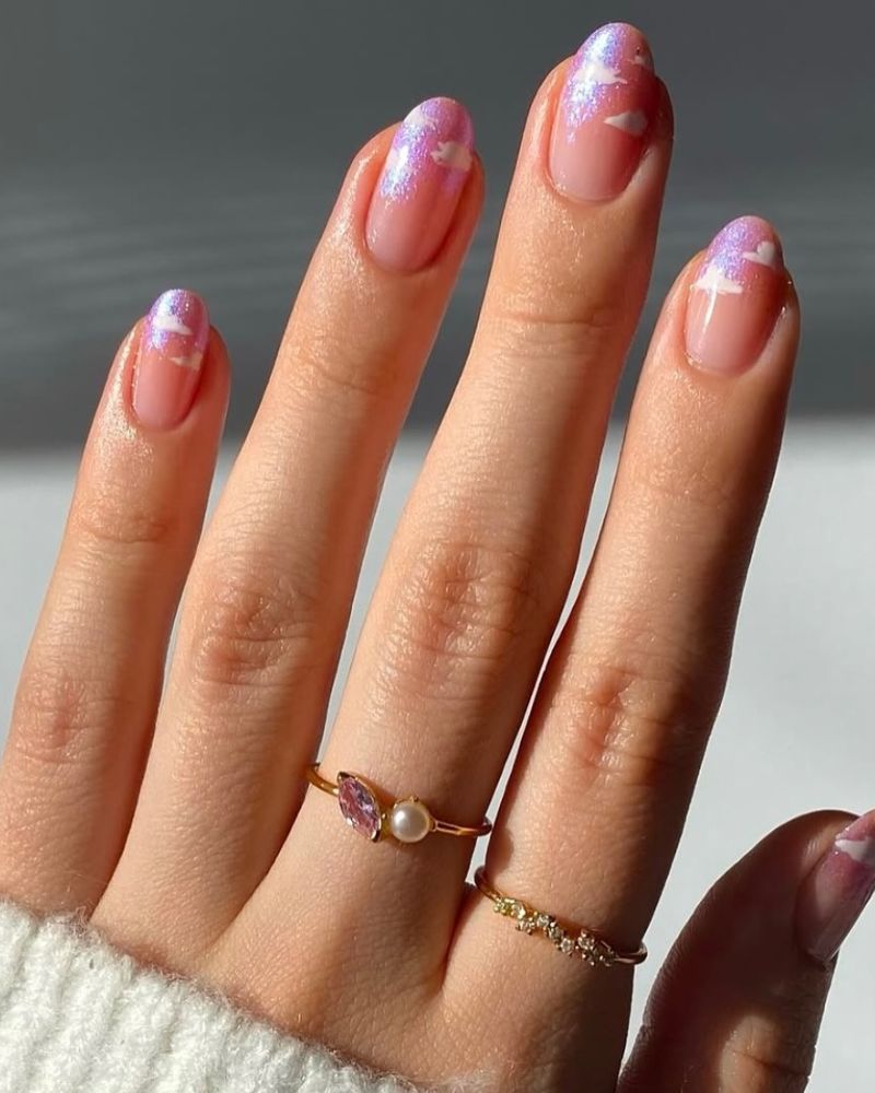 nail art nuage, ongles roses pailletés