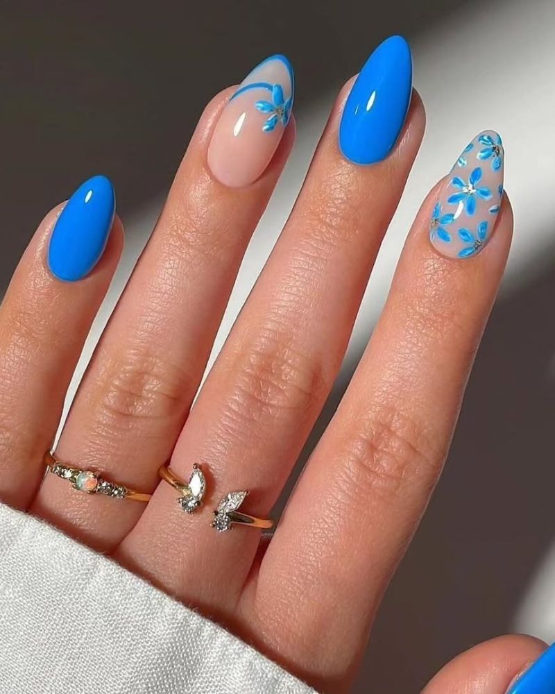 idée nail art bleu, ongles printaniers