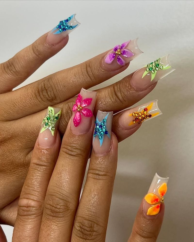 nail art fleur 3d, ongles été mignons, nail art coffin été