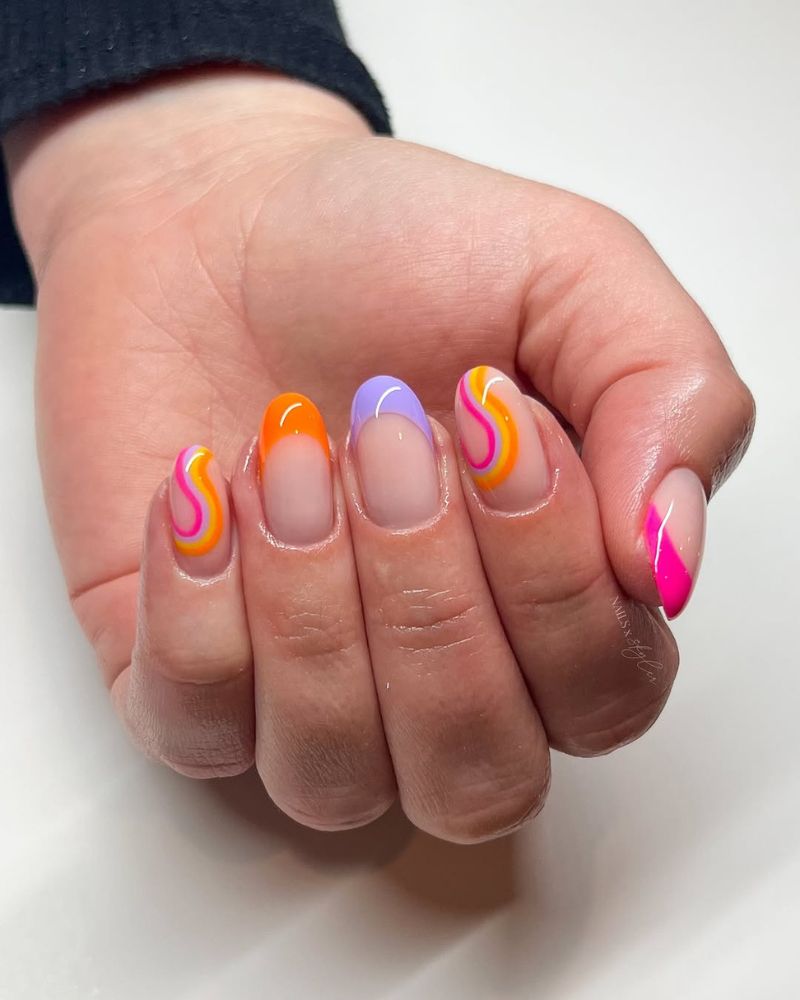 colorful french tips, swirly nail art, rainbow nails