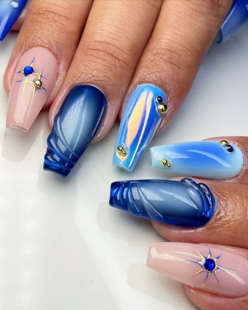 ongles coffin bleus, idée ongles été