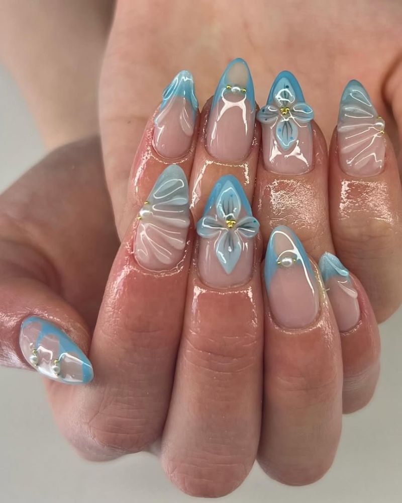nail art bleu, ongles bleu clair