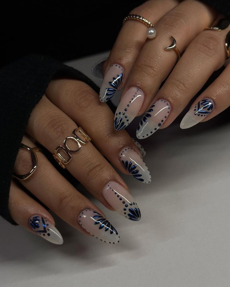 nail art bleu, manucure élégante, ongles naturels