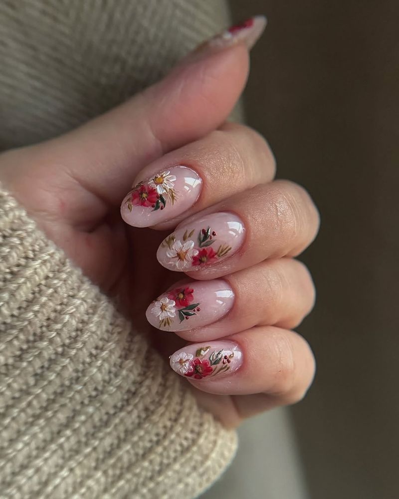design nail art floral, fleurs peintes sur base nude