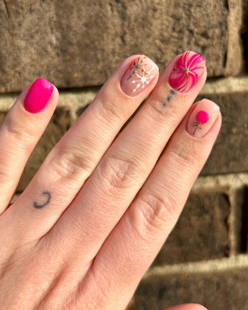 ongles roses de Noël, ongles flocon scintillants