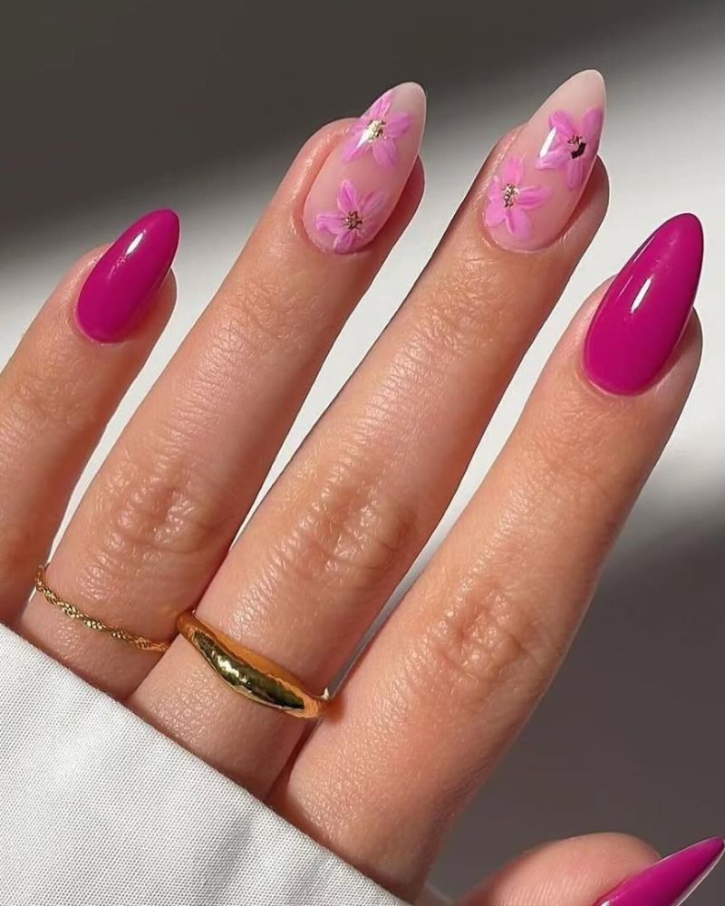 ongles roses de printemps, fleurs roses