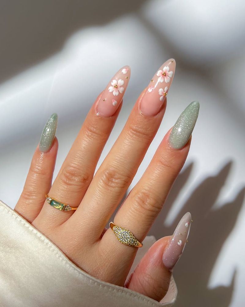 ongles longs, ongles de printemps, art floral