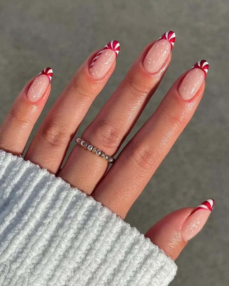 pointes rouges magnétiques avec rayures blanches, art cane de bonbon pour manucure de Noël