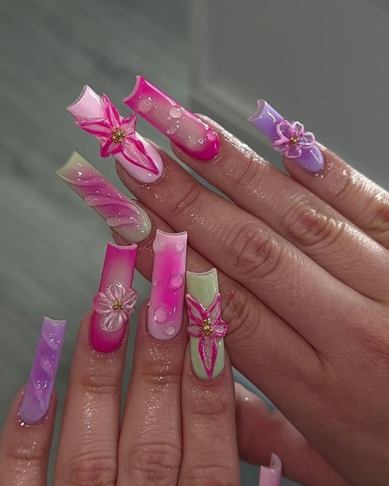 ongles longs été, nail art fleur 3D