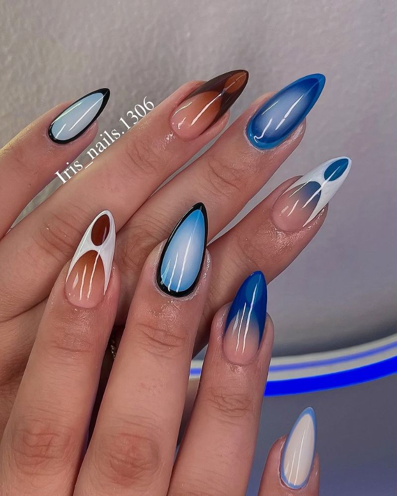 ongles stilettos, ongles bleus et marrons