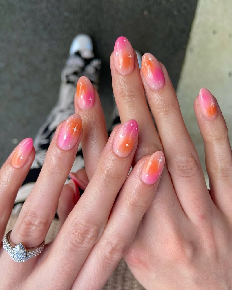 pink and orange nail art, cute summer nails