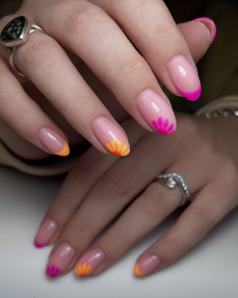 colorful french tips, pink tips, orange tips, floral nail art