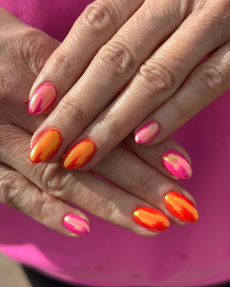 chrome nails, pink chrome nails, orange chrome nails