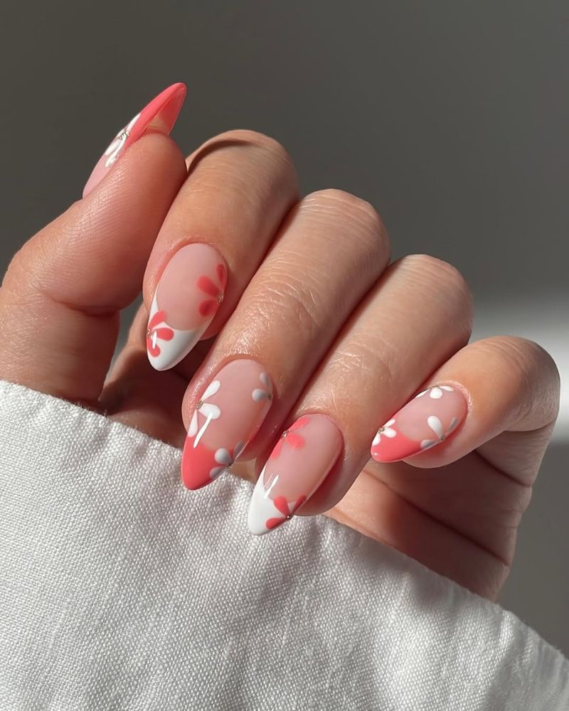 ongles corail, ongles printaniers, nail art floral