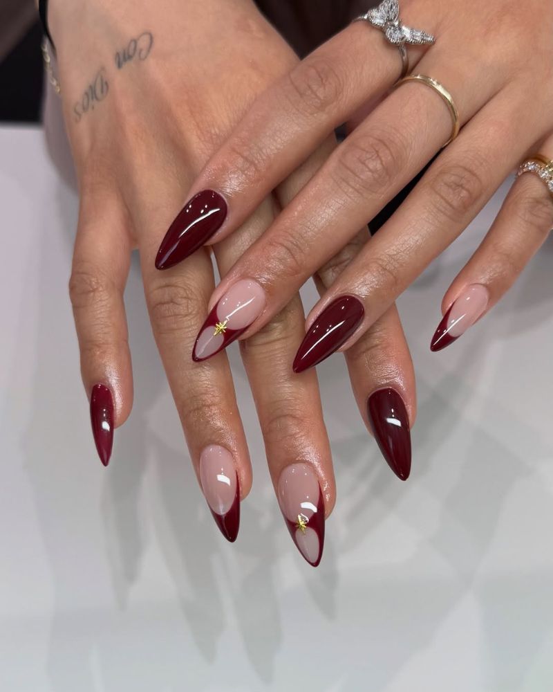 ongles stiletto rouge maron, manucure automnale