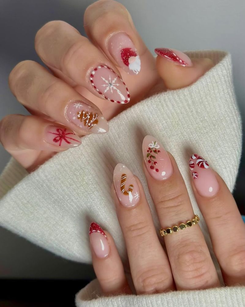 cute christmas nail art designs on a nude base