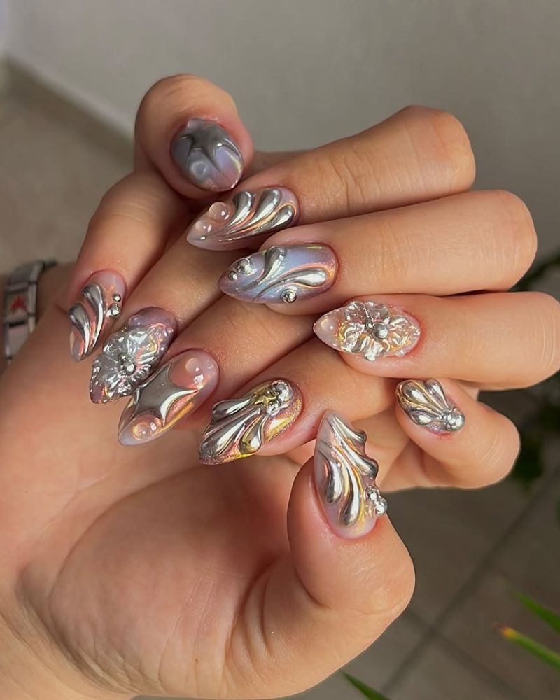 nail art argenté 3D sur manucure stiletto
