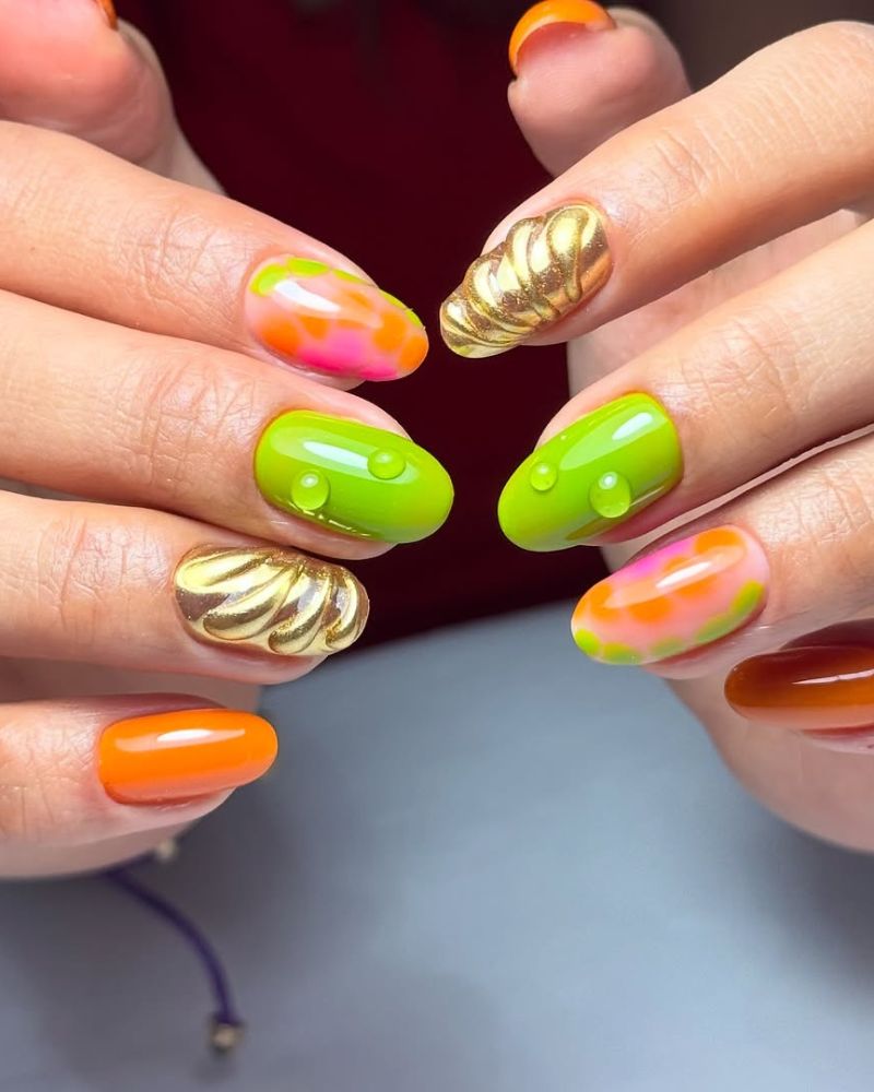 ongles vert citron, nail art néon