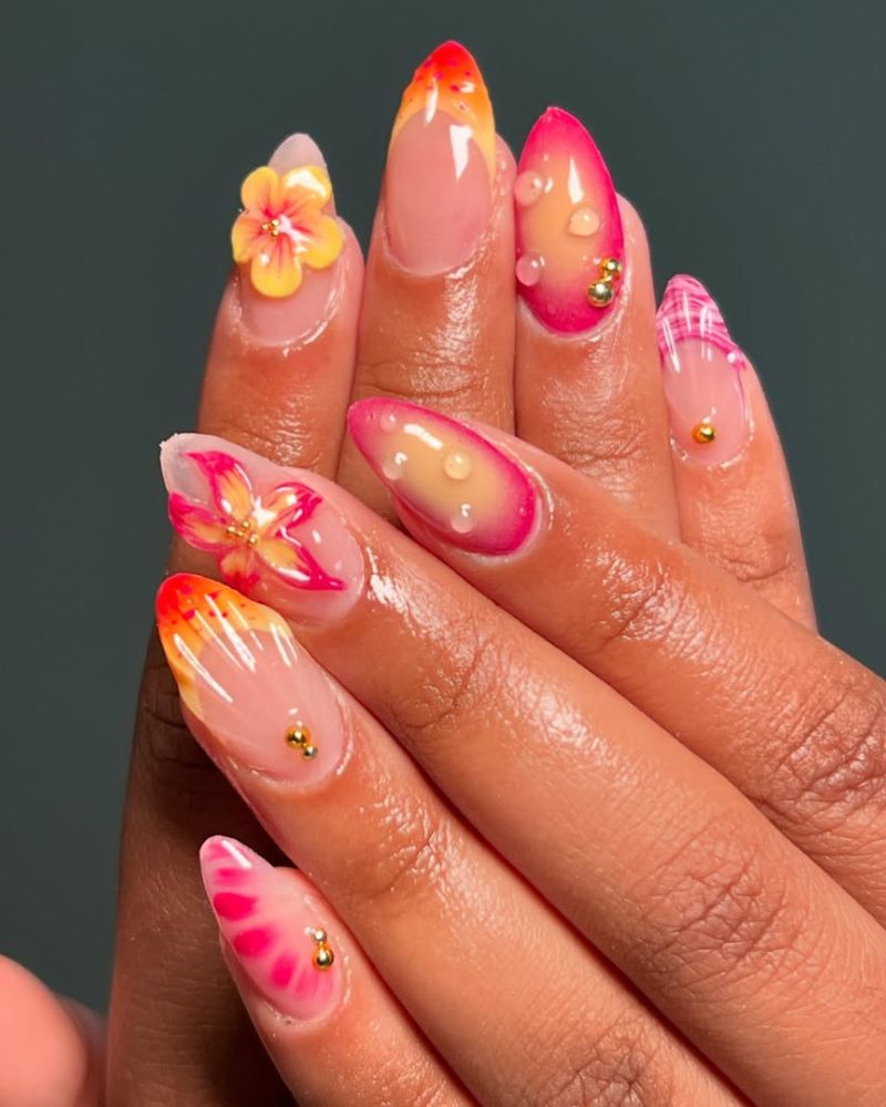 summer vacation nails, pink and orange nail art, 3d nail art
