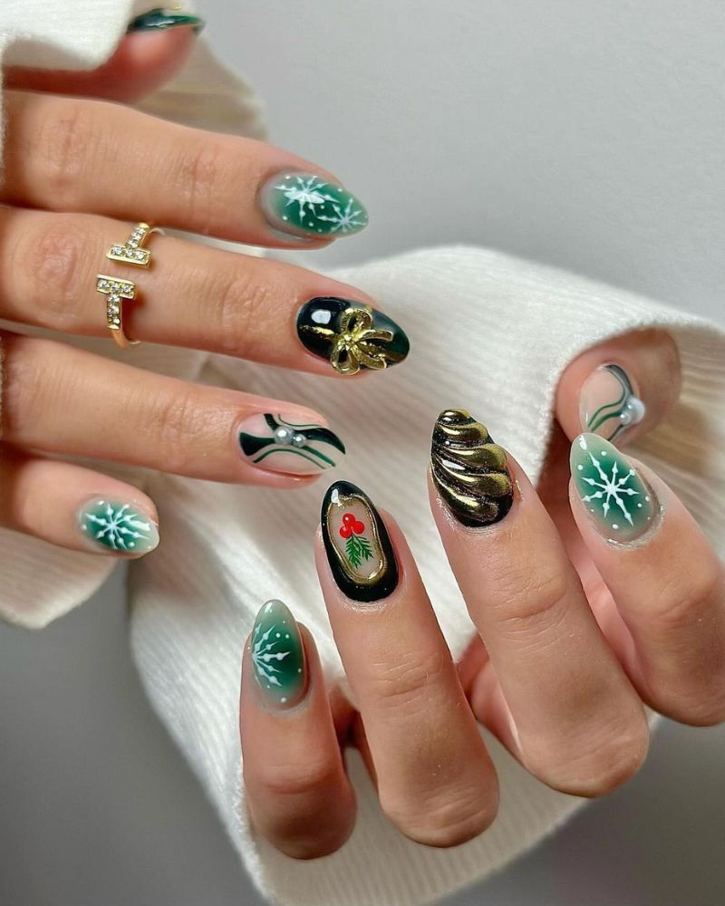 nail art flocon de neige, idée d'ongles d'hiver