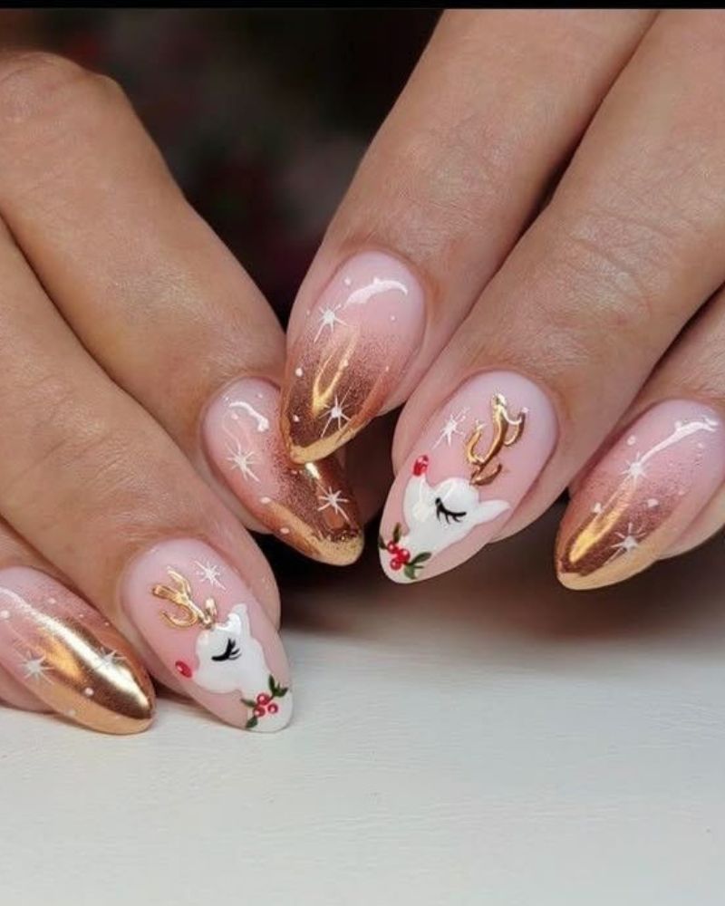 nail art renne, ongles stiletto de Noël