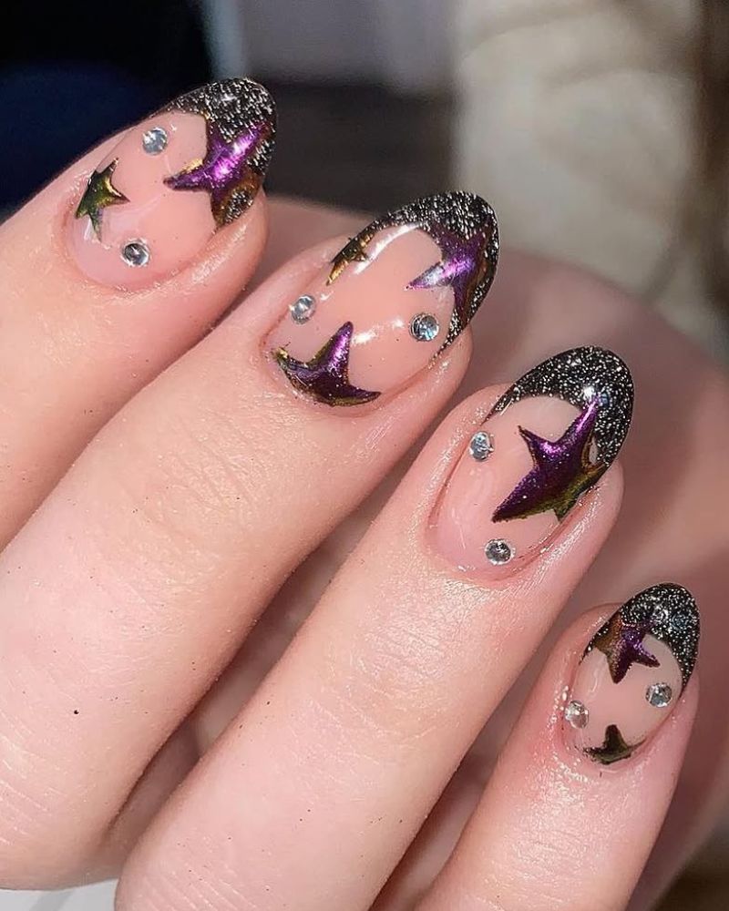 française noire scintillante, nail art étoiles