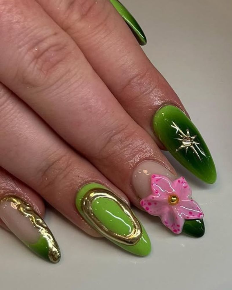 ongles aura, nail art fleurs
