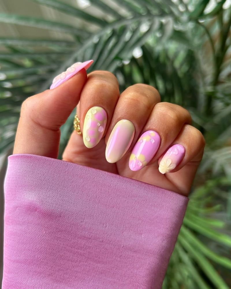 ongles de printemps, ongles roses et jaunes, forme amande