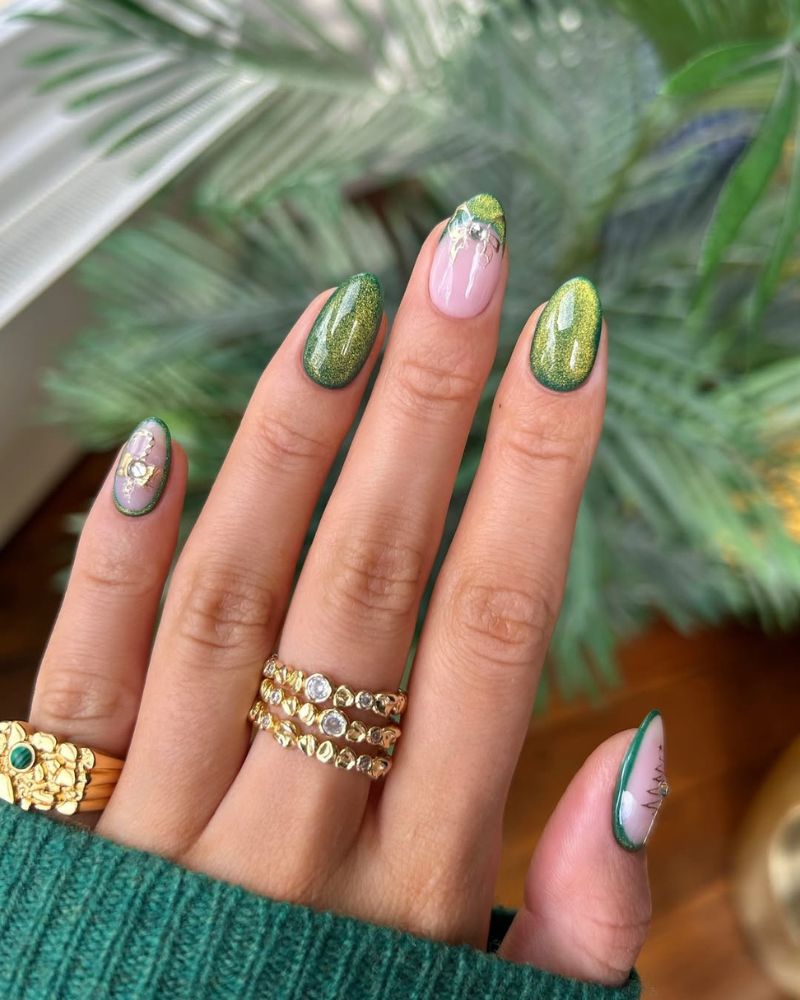 ongles œil de chat, ongles verts de Noël