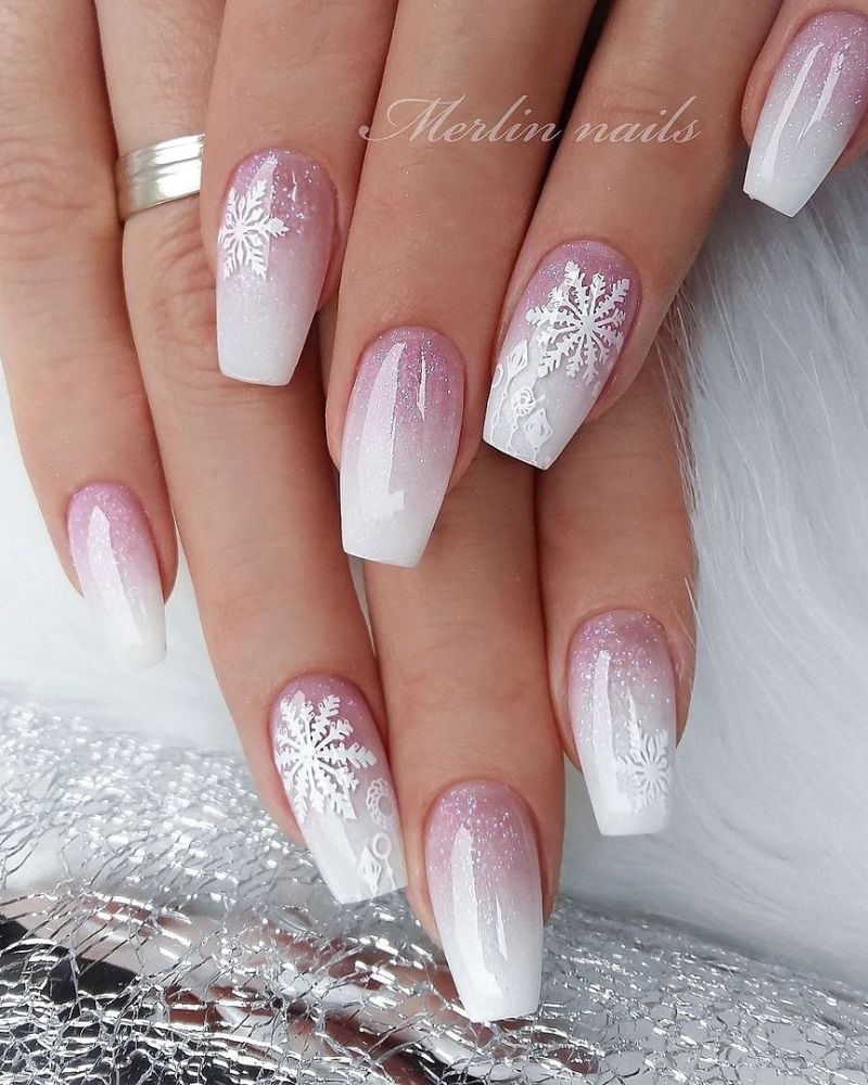 ongles coffin d'hiver, ongles flocon scintillants