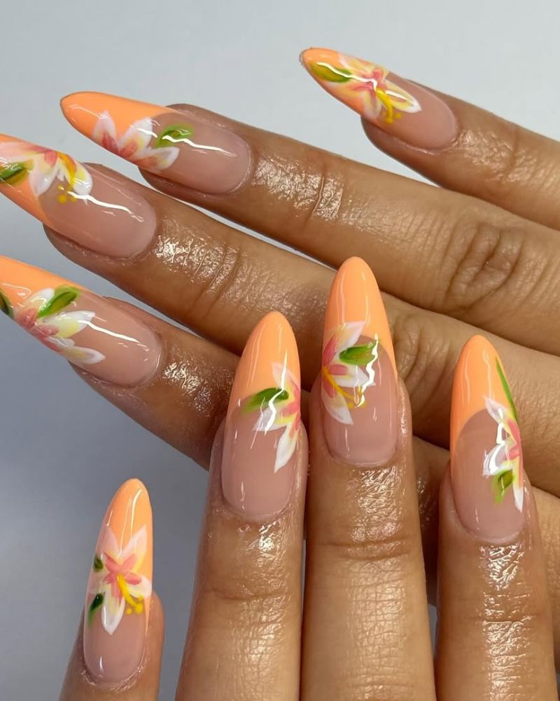 idées d’ongles printaniers, ongles d’été, ongles orange