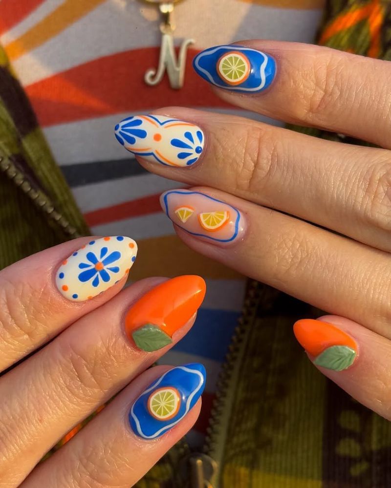 nail art orange, ongles méditerranéens