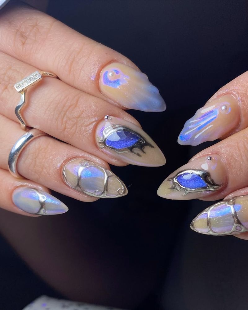 ongles violets chrome, nail art violet simple